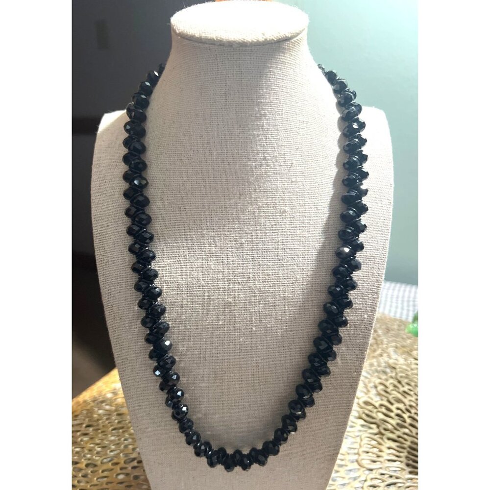Black Faceted Glass Bead Necklace -- 23"